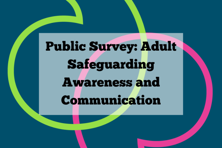 Text on background showing a stylised image of quotation marks.  Text says Public Survey: Adult Safeguarding Awareness and Communication