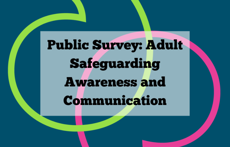 Text on background showing a stylised image of quotation marks.  Text says Public Survey: Adult Safeguarding Awareness and Communication